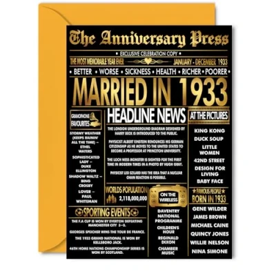 Image of Gold 92nd Anniversary Card for Women Men Golden Newspaper Married in 1933 Happy 92 Year Wedding Wife Companion Husband Partner, 5x7 Inch Anniversaries Greeting Cards