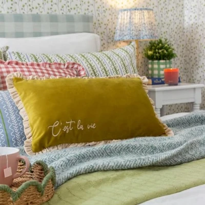 Image of furn. Cest La Vie Embroidered Velvet Polyester Filled Cushion