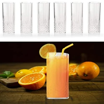 Image of ALAYSTAR 6 Pack Clear Crystal Effect Long Drink Glasses Durable Reusable Plastic Highball Whiskey Wine Champagne Flute Tumblers Drinks Cups BPA Free