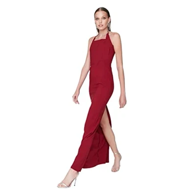 Image of Trendyol Women Maxi Shift Fitted Woven Evening Dress Burgundy