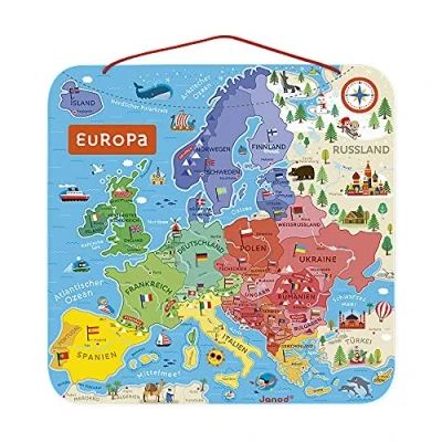Image of Janod Europe map Educational Wooden Puzzle to Learn Geography European Trip with 40 Magnets for Hanging on The Wall German Version from 7 Years, J05473, Multicoloured