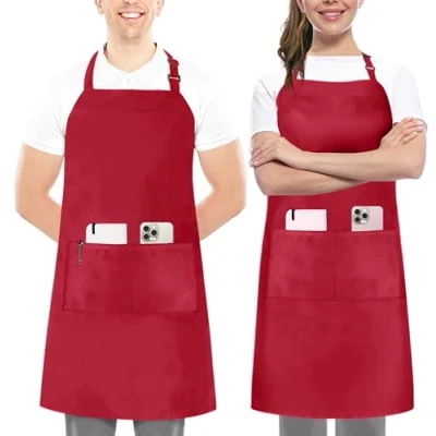 Image of Utopia Kitchen 2 Pack Adjustable Bib Apron with Pockets Waterdrop Resistant Cooking for Men, Women Long Ties (Red)