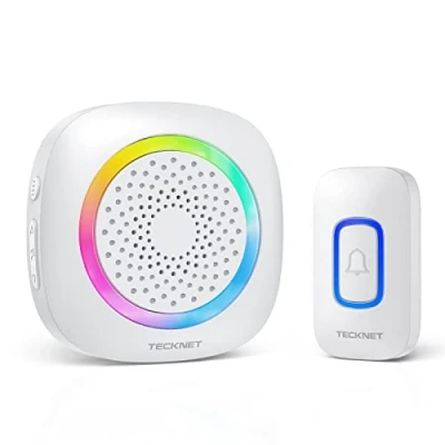 Image of TECKNET Wireless Doorbell, Portable Doorbell with RGB Light, Battery Powered IP66 Waterproof Cordless Door Chime Kit, 400 Meter Range, 60 Chimes &amp; 5 Level Volume, Using Time up to 4.5 Years