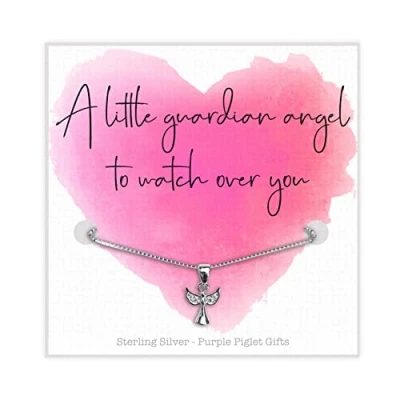 Image of Purple Piglet Gifts Sterling Silver Angel Necklace Box Chain Cubic Zirconia Pendant Unique Thoughtful Christening Gift Guardian For Woman Lady
