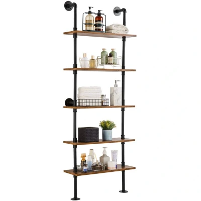 Image of VEVOR Industrial Pipe Shelf, 5 Tier 24x9.84in, Wall Mount Floating Rustic Wood Shelves Bracket Display Bookshelf, Storage Rack Sundries Holder for Kitchen Bedroom Bathroom Living Room, Black