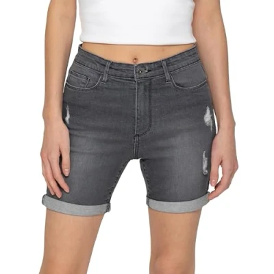 Image of 989Zé ENZO Womens Denim Shorts Skinny Stretch Casual Ladies Ripped Turned Up Hem Short Hot Pants with Pockets (UK, Numeric, 8, Regular, Grey)