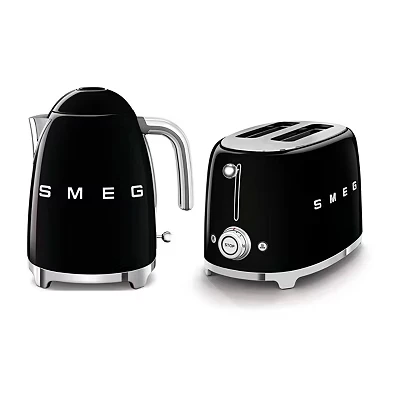 Image of Smeg KLF03BLUK 1.7Ltr 3kw Stainless Steel Kettle and TSF01BLUK 2 Slice Toaster Set in Black