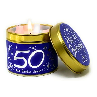 Image of Lily Flame &#039;Happy Birthday 50&#039; Tin Candle Contented Powdery Floral Scent in Regal Blue and Silver Cruelty Free Vegan Friendly