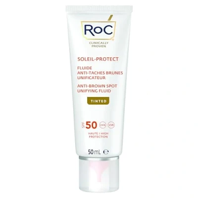 Image of RoC Soleil Protect Unifying Fluid Anti Brown Spots SPF50 Tinted Powerful Sun Protection with Spot Reduction Deep Hydration &amp; UVA/UVB Paraben Free Skincare 50 ml