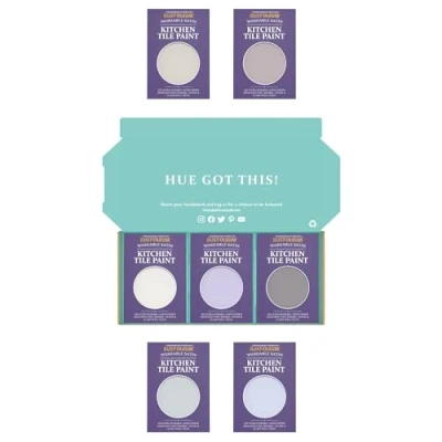 Image of Rust Oleum Kitchen Wall Tile Paint in Satin Finish Pastel Purples Tester Box