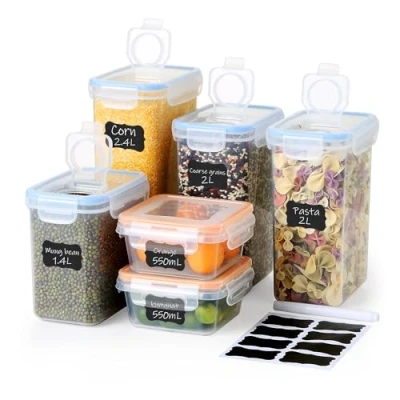 Image of 6 Piece Pantry Storage Set with Colour Coded Seals 4 Rectangular Cereal Containers (Blue) + 2 Square Kitchen Canisters (Orange) Airtight BPA Free Food Organiser 2.4L, 2x2L, 1.4L &amp; 2x550ml