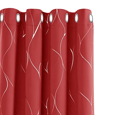 Image of Deconovo Christmas Decorations Blackout Curtains, Eyelet Silver Wave Line Foil Printed Thermal Insulated Curtains for Girls Bedroom, 46 x 54 Inch(Width Length), Red, 2 panels