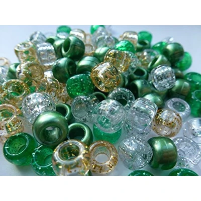 Image of 100 x Pony Beads 9x6mm Green Glitter Sparkle Mix Plastic Barrel Craft