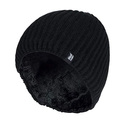 Image of HEAT HOLDERS Mens Fine Ribbed Fleece Lined Thermal Winter Knitted Beanie Hat (One Size, Black (Halden))