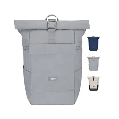 Image of LARKSON Backpack for Women &amp; Men Grey No 4 Large Roll Top Rucksack with Laptop Compartment Work, Uni, Leisure Travel Trolley Strap Water Repellent