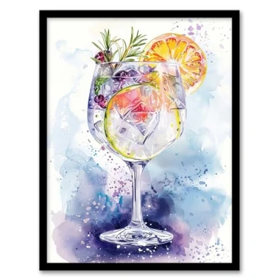 Image of Artery8 Sloe Gin Tonic Fruit Cocktail Modern Watercolour Kitchen Artwork Framed Wall Art Print 18X24 Inch