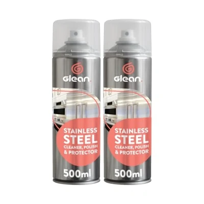 Image of GLEAN Stainless Steel Cleaner &amp; Polish Spray Aerosol 2x500ml Shines and Protects Ideal For Fridges, Sinks, Kitchen Appliances Removes Dirt, Grease Fingermarks