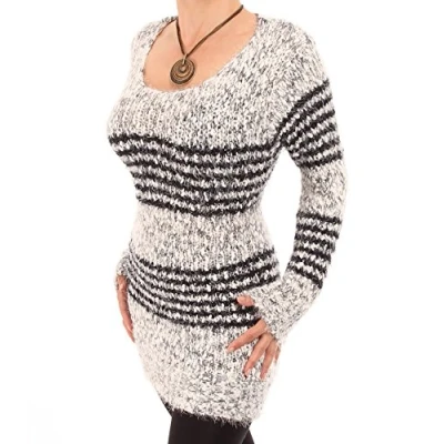 Image of Blue Banana Women&#039;s Striped Scoop Neck Long Sleeve Chunky Knit Jumper Grey and Black Size 16