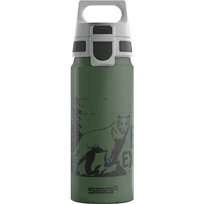 Image of SIGG Aluminium Kids Water Bottle WMB ONE Mountain Lion Suitable For Carbonated Beverages Leakproof Lightweight BPA Free Climate Neutral Certified Dark Green 0.6L