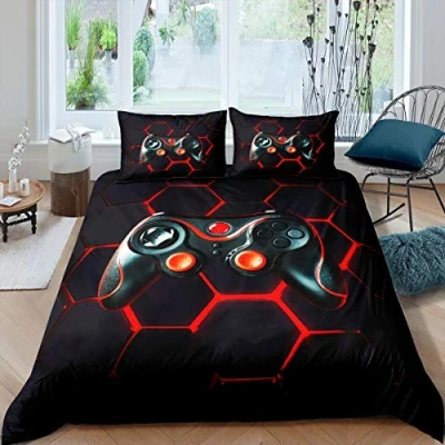 Image of Gamer Duvet Cover Set Boys Teens Video Game Gaming Bedding Geometric Honeycomb Hexagon Comforter Console Controller Quilt Room Decor 2Pcs Single Size,Black,Red