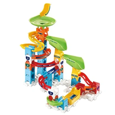Image of VTech 529603 Marble Rush Double Drop Set, Construction Toys for Kids with 5 Marbles and 47 Building Pieces, Track Set Boys &amp; Girls, Colour Coded Toy, 4 Years +, English Version