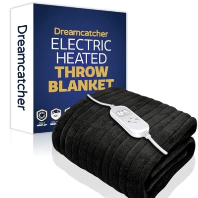 Image of Dreamcatcher Black Heated Throw Electric Blanket, 160 x 120cm Blanket Machine Washable Soft Micro Fleece Overblanket with 9HR Timer and 9x Control Heat Settings