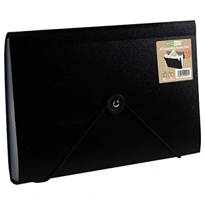 Image of eco A5 50% Recycled 7 Clear Pocket Black Cover Expanding File Receipt, Bills, Cards Organiser Document Folder Colour Index Tabs