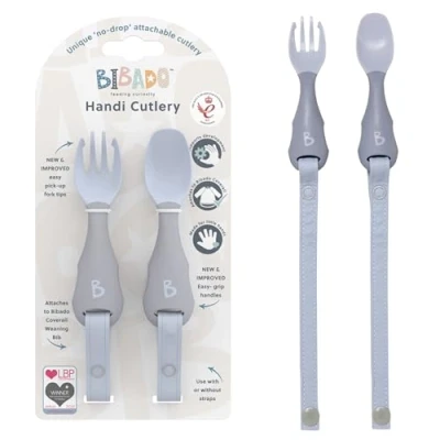 Image of BIBaDO Handi Toddler Cutlery Set, Food Safe Baby Cutlery, Fork and Spoon Eating Utensils for Babies 6 Months Up, Also Attaches to Coverall Bib Mist