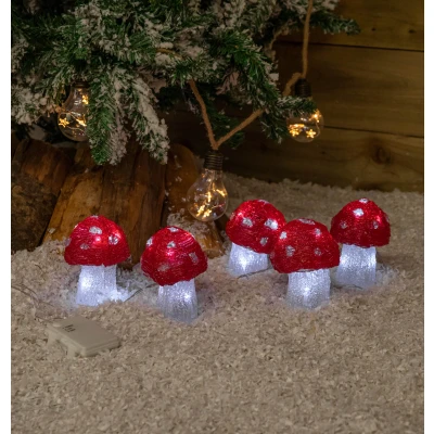 Image of Set of 5 Battery Operated Red &amp; White Acrylic Christmas Mushrooms with Cool LEDs