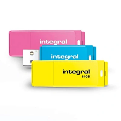 Image of Integral 64GB Neon USB 2.0 Flash Drive 3 Pack (Pink/Blue/Yellow)