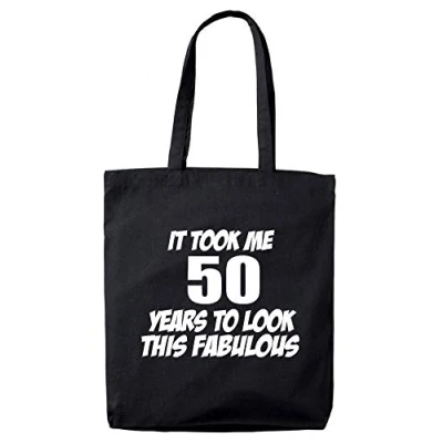 Image of Lolmugs 50th Birthday Gift Bag, It Took Me 50 Years Look Fab Black 38x42cm 100% Cotton Tote