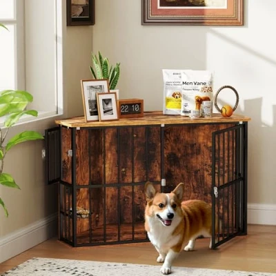 Image of PawHut Corner Dog Crate Furniture, Heavy Duty Kennel Side End Table Indoor with 2 Bowls, Lockable Doors, Decorative Pet for Small and Medium Dogs, Rustic Brown