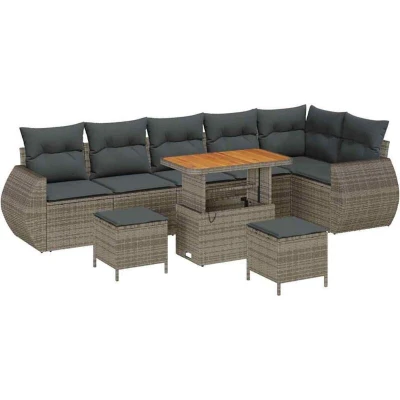 Image of vidaXL 9 Piece Garden Sofa Set with Cushions Grey Poly Rattan Acacia