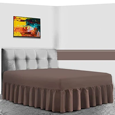 Image of GC GAVENO CAVAILIA Luxurious Frilled Valance Sheet, Plain Dyed Non Iron Polycotton Bed Skirt Bedding, Double, Chocolate