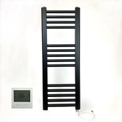 Image of Greened House 300w x 800h Black Electric Straight Heated Bathroom Towel Rail + Timer and Room Thermostat