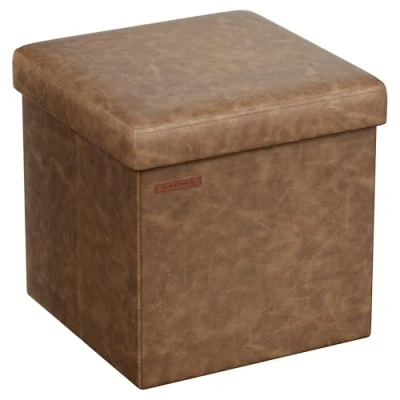 Image of SONGMICS 38 cm Storage Ottoman, Folding Bench with Lid, Cube Footstool, Synthetic Leather, 300 kg Load Capacity, for Entryway, Living Room, Bedroom, Coffee Brown LSF010K51