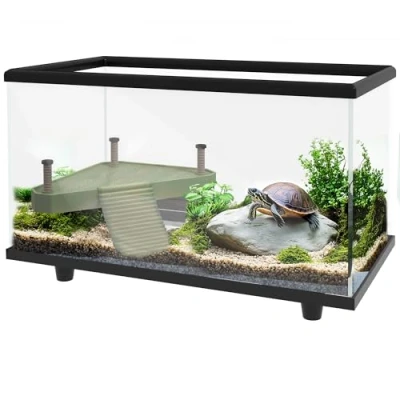 Image of PawHut Turtle Tank, 28L Glass Aquarium with Basking Platform, Ramp, Easy Drainage, Strip Patch Thermometer, for Small Turtles, 45 x 25 29cm