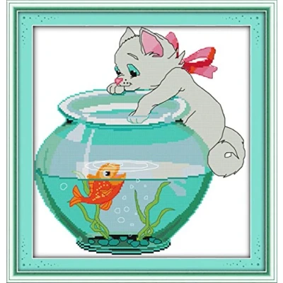 Image of CaptainCrafts Cross Stitch Kits, Cat Counted Unpreprinted Fabric DMC DIY Art Embroidery Kits (Unpreprinted 14CT, Aside Fish Jar)
