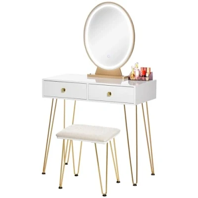 Image of HOMCOM Dressing Table with Mirror and Stool, Vanity Makeup LED Lights, 2 Drawers Cushioned Seat for Bedroom, White