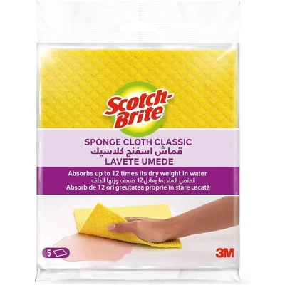 Image of Scotch Brite Sponge Cloth, Yellow, 5 Sponges Ideal Everyday Washing up for Kitchen, Bathroom, and Household, use on Non Stick Cookware Glass