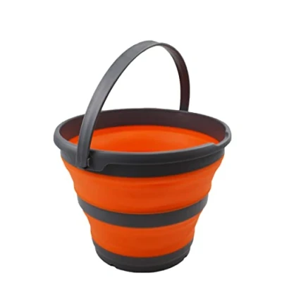 Image of SAMMART 10L Collapsible Plastic Bucket Foldable Round Tub Portable Fishing Water Pail Space Saving Outdoor Waterpot, Size 33cm Dia (Grey/Orange)