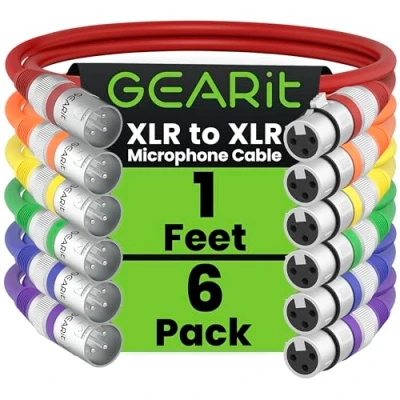Image of GearIT XLR to Microphone Cable (1 Feet, 6 Pack) Male Female Mic 3 Pin Balanced Shielded for Mixer, Recording Studio, Podcast Multi Colored, 1Ft, Pack