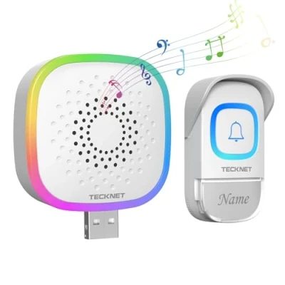 Image of TECKNET Mini Wireless Doorbell, Battery Operated Doorbell with RGB Light, IP66 Waterproof USB Small Cordless Door Bells Chime Kit, 400M Range, 60 Chimes &amp; 5 Level Volume