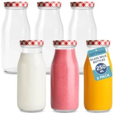 Image of HEFTMAN Glass Milk Bottles with Lids Empty 250ml Set of 6 Airtight Mini Red Gingham for Beverages, Liquids &amp; Décor Retro Juice Weddings, BBQ&#039;s Picnics