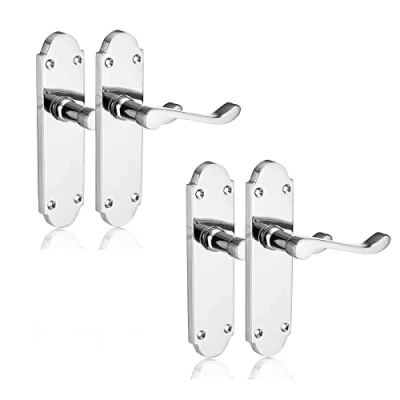 Image of XFORT Chrome Elegance Range Polished Richmond Lever Latch Handles, Long Backplate Door Contemporary Design for Internal Wooden Doors (2 Pairs)