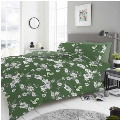 Image of GC GAVENO CAVAILIA Floral Duvet Cover Double, Reversible Botanical Sparrow Quilt Covers Bed Sets With Pillowcases, Premium Birdie Blossom Bedding Set, Green, 3 Pieces