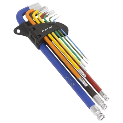 Image of Sealey Premier Ball End Hex Key Set Extra Long 9pc Colour Coded Imperial