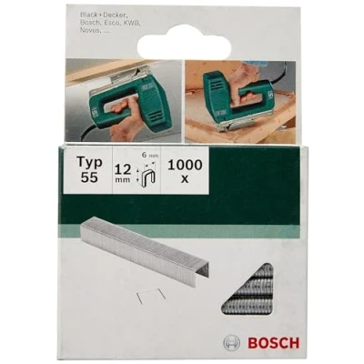 Image of Bosch 1000x Narrow Crown Staples Type 55 (Textiles, carpet, Acoustic panels, Lawn 6 x 1.08 12 mm, Accessories Tacker, Staple Gun)