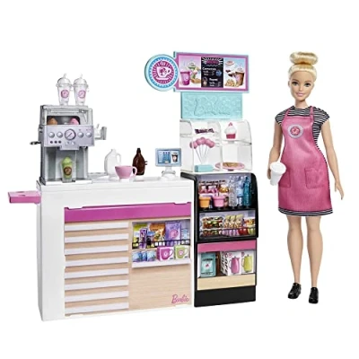 Image of Barbie You Can Be Anything Doll, Coffee Shop Cafe Playset with Blonde 20 Doll Accessories and Toy Smoothie Maker, Toys for Ages 3 Up, One Shop, GMW03