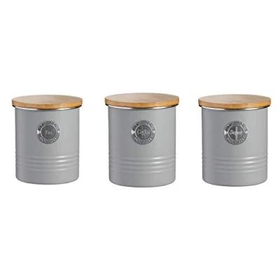 Image of Typhoon Living Airtight Tea, Coffee and Sugar Storage Canister with Bamboo Lid, Set of 3, 1 Litre, Grey